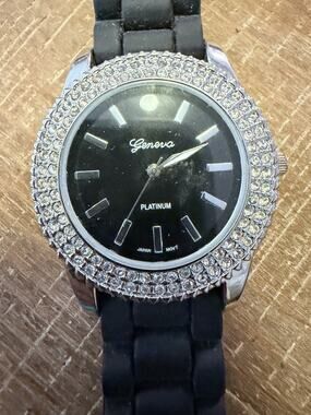 Geneva Platinum Ladies Watch Japanese Movement Silver Face Frame Black Band
